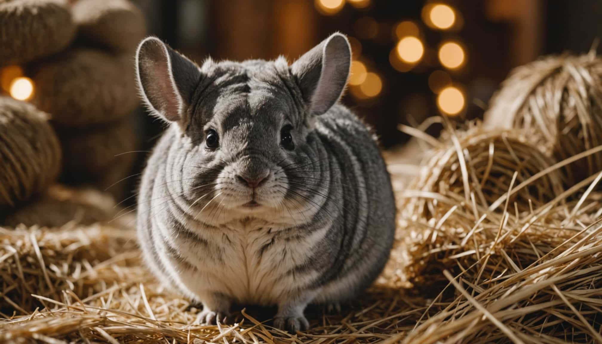 Chinchilla petit rongeur aux grandes oreilles joue  
Rongeur curieux au pelage doux explorant son habitat