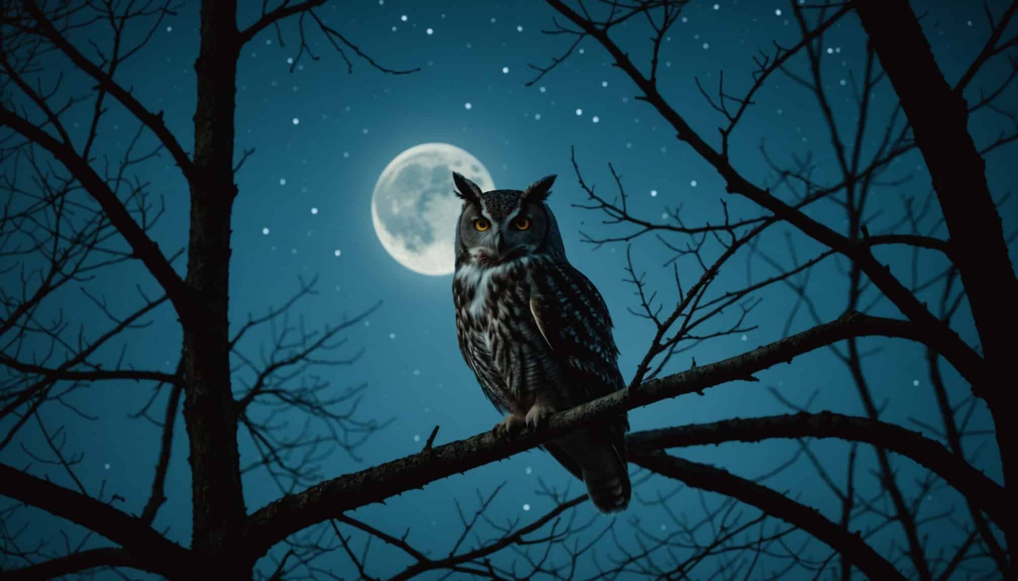 Chouette guettant dans l'obscurité étoilée  
Fouine explorant un paysage nocturne mystérieux