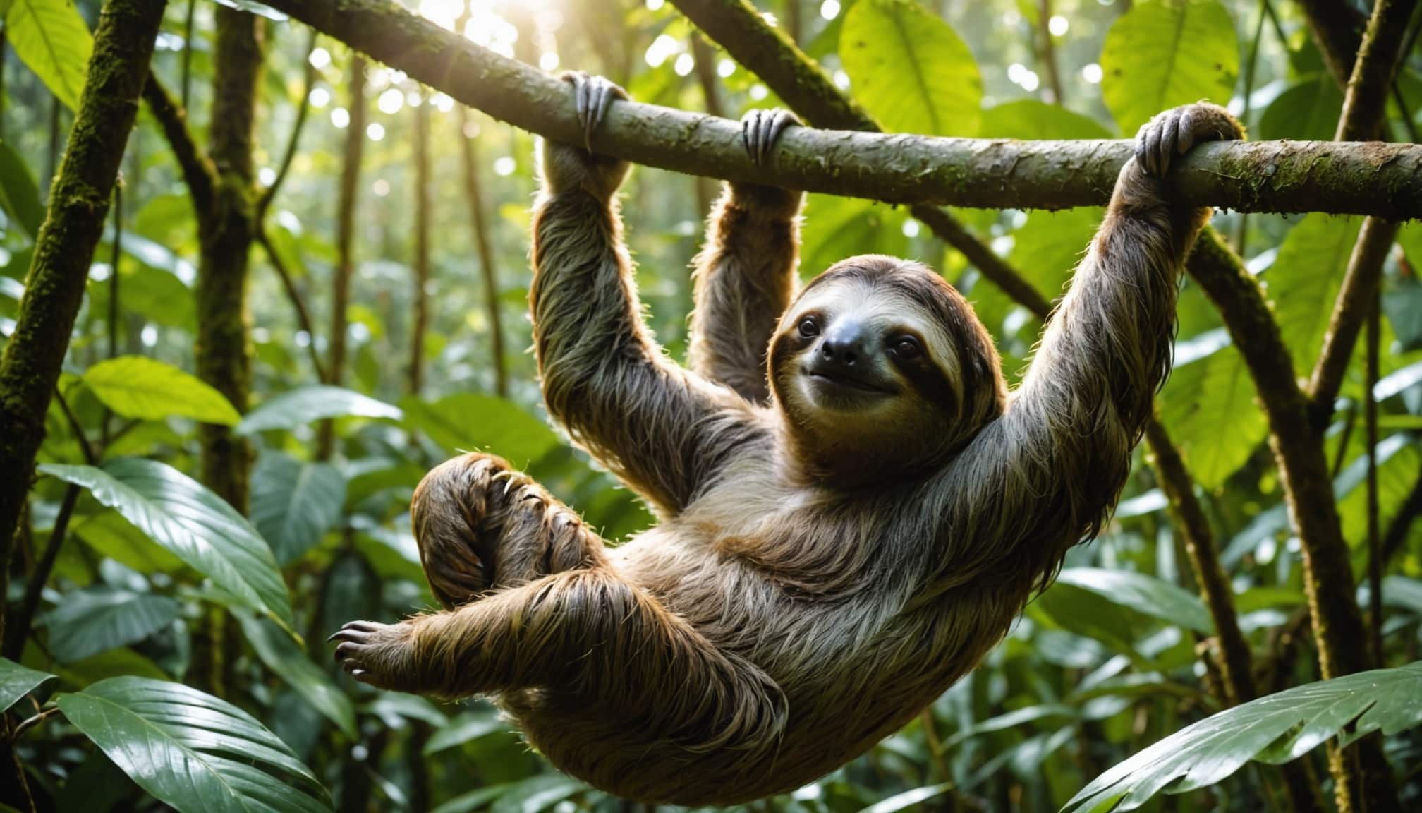 Paresseux suspendu dans les arbres au repos  
Animal lent et curieux captivant les observateurs