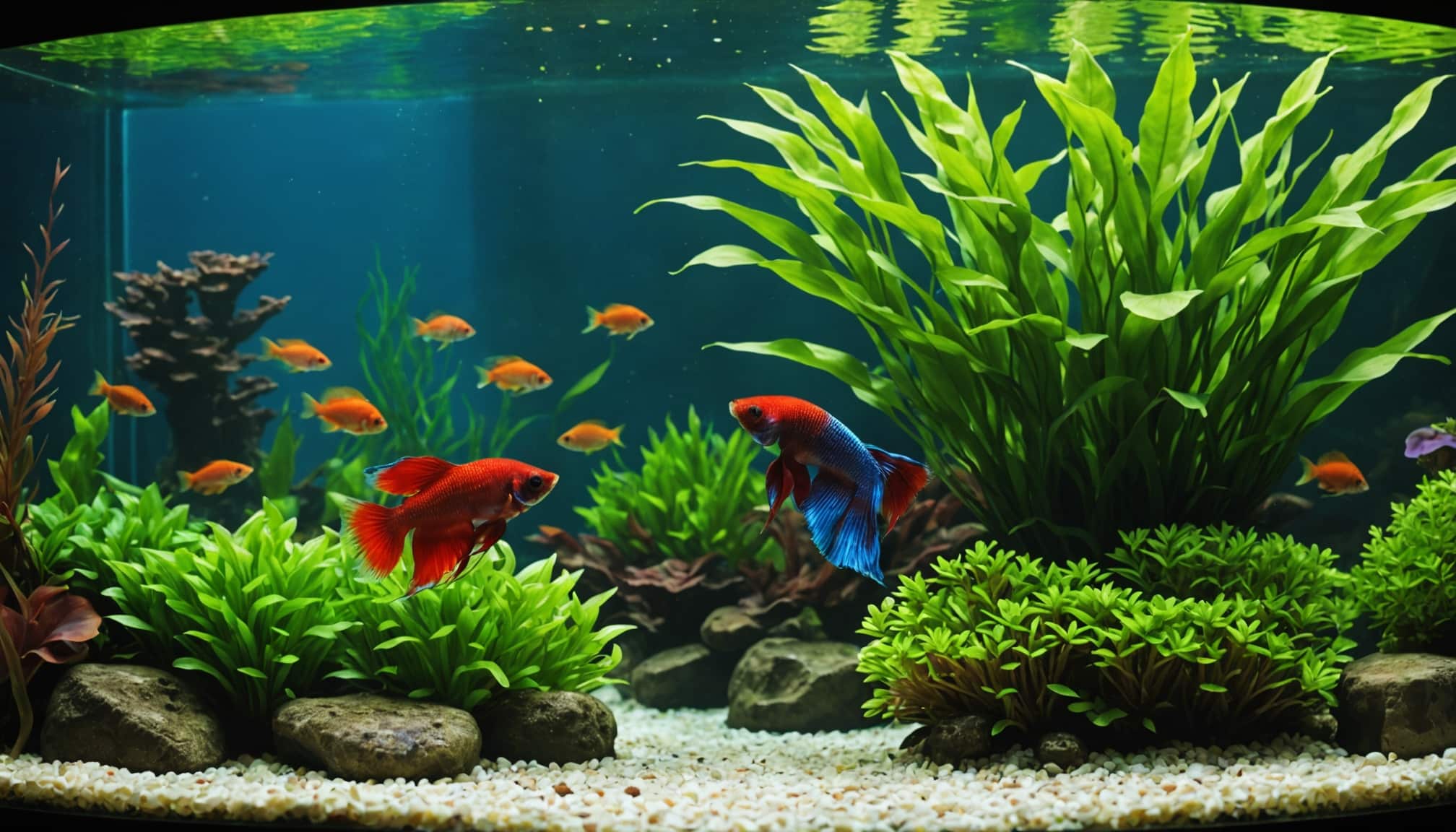Poisson coloré nageant en groupe dans l'aquarium  
Banc de poissons exotiques évoluant en harmonie