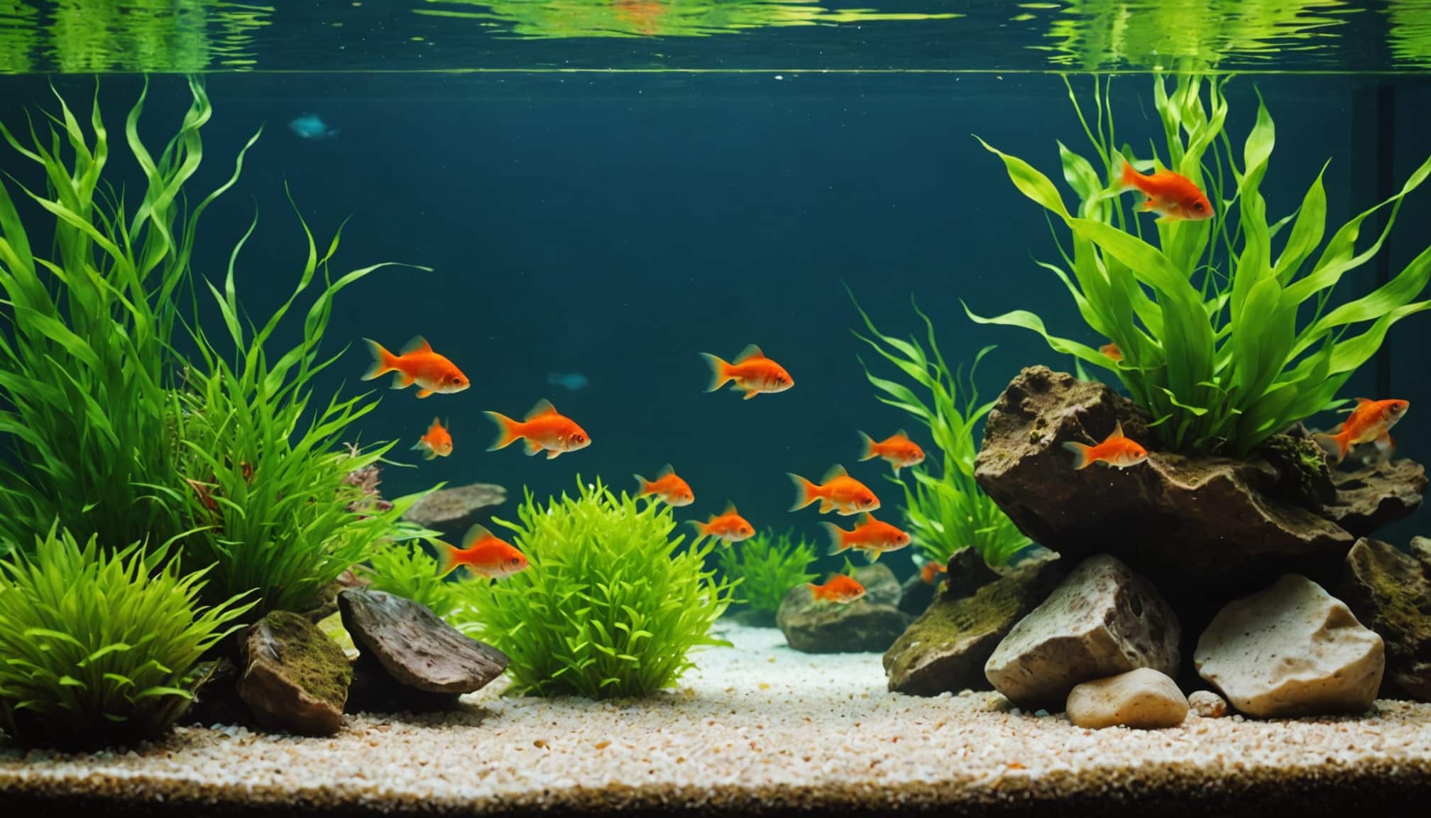 Poisson rouge dans un aquarium spacieux et décoré  
Poisson rouge nageant dans un aquarium adapté